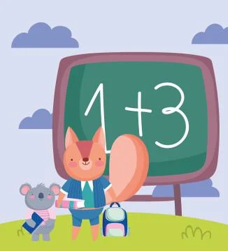 Back to school, squirrel koala chalkboard backpack and book Illustrazione stock