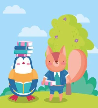 Back to school, squirrel penguin with books on head outdoor Stock Illustration
