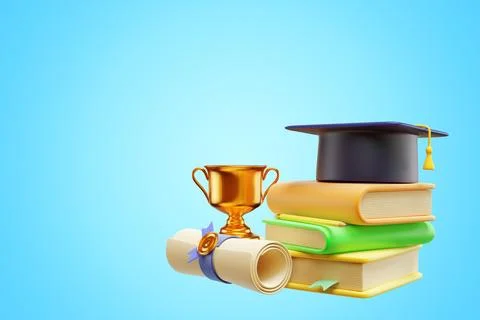 Back to school. Stack of books academic cap cup graduate diploma. Illustrazione stock