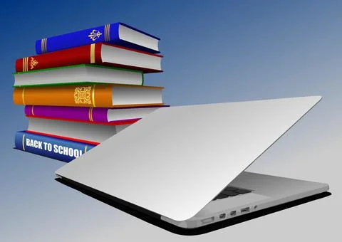 Back to school. Stack of books and laptop. 3d vector Stock Illustration