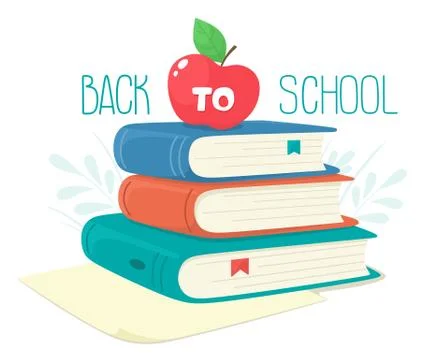 Back to school. A stack of books with an apple, floral decoration and lettering. Stock Illustration