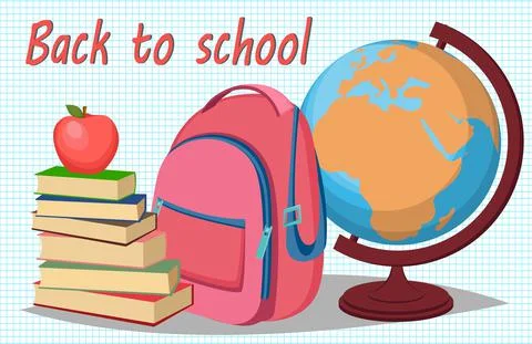Back to school. Stack of books with apple on top, backpack and globe. Set Stock Illustration