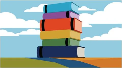 Back to School Stack of multicolored books illustration against a blue sky .. Illustration