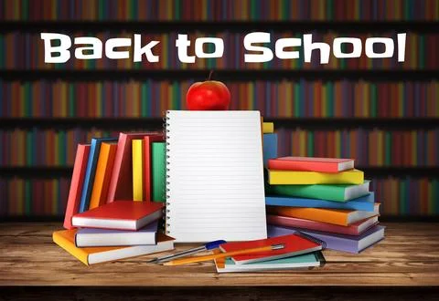 Back to school. Stacks of books with notepad, stationery, apple. School supplies Stock Illustration
