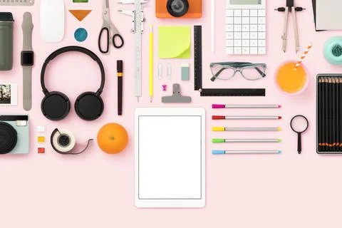 Back to school, stationary flat lay with digitsl tablet mockup Stock Photos