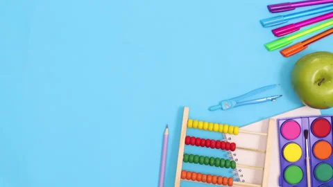 Back to school stationery appear on blue theme. Stop motion 스톡 동영상 156973004