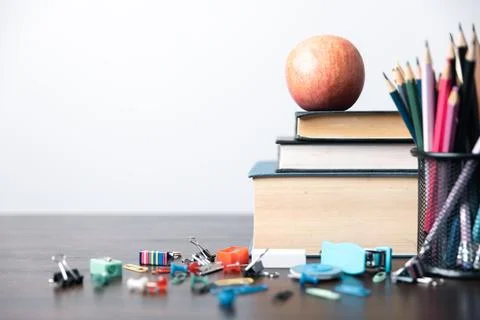 Back to school with stationery background such as books, pens, pencils, glo.. Foto stock