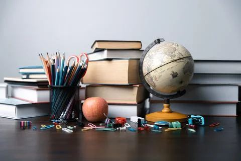 Back to school with stationery background such as books, pens, pencils, glo.. Stock Photos