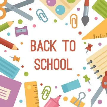 Back to school, stationery flat icons banner. Scissors, paintbrush, copybook, Stock Illustration