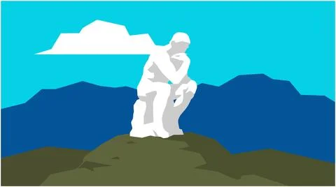 Back to School Statue of the thinker on a hill with mountains and sky sculp.. Illustration