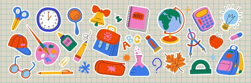 Back to school sticker set with cute school supplies, backpacks and station.. Stock Illustration