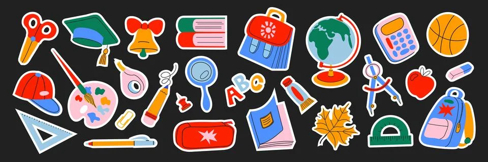 Back to school sticker set with student supplies. Collection of hand drawn .. イラスト素材