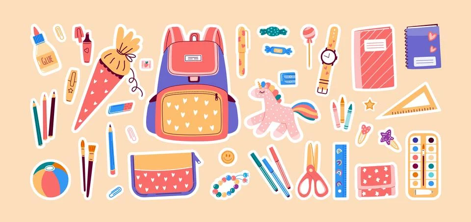 Back to school stickers with stationery objects.Vector illustration flat style Stock Illustration