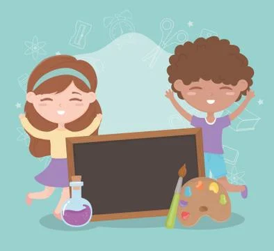 Back to school, student boy and girl blackboard test tube and color palette 스톡 일러스트