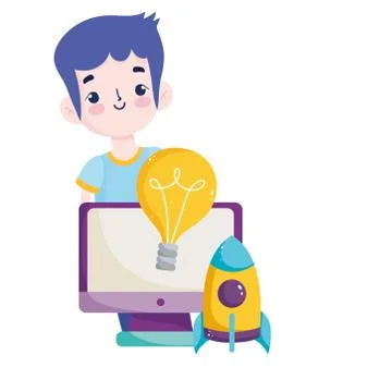 Back to school, student boy computer rocket creativity elementary education Stock Illustration