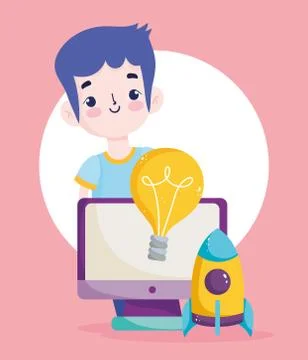 Back to school, student boy computer rocket creativity elementary education 스톡 일러스트