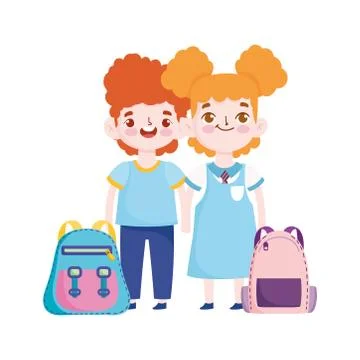 Back to school, student boy computer bag and clock elementary education cartoon Stock Illustration