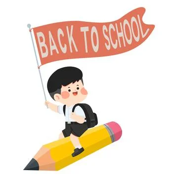 Back to school student boy holding flag riding giant pencil for education c.. Stock Illustration