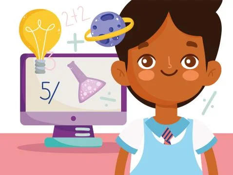 Back to school, student boy lesson online computer elementary education cartoon Stockillustratie