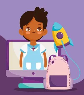 Back to school, student boy on screen pc bacpack elementary education cartoon 스톡 일러스트