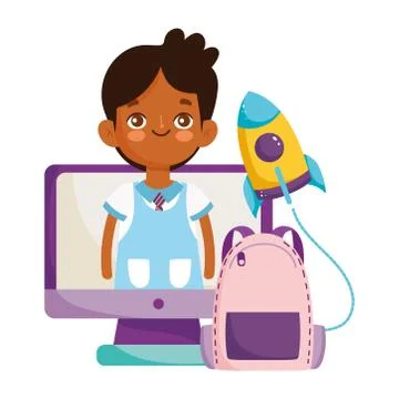 Back to school, student boy on screen pc bacpack elementary education cartoon 스톡 일러스트