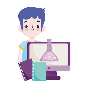 Back to school, student boy textbooks computer chemistry test tube elementary Stock Illustration