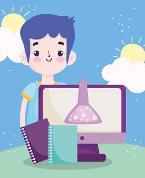 Back to school, student boy textbooks computer chemistry test tube elementary Stock Illustration