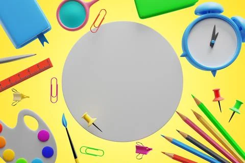Back to school. Student elements, blank white circle on yellow background Stock Illustration