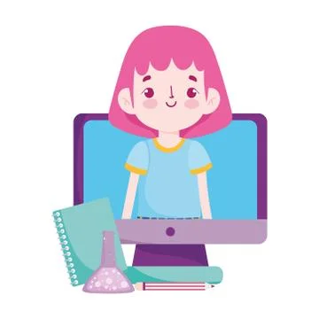 Back to school, student girl in screen computer book and pencil elementary 스톡 일러스트