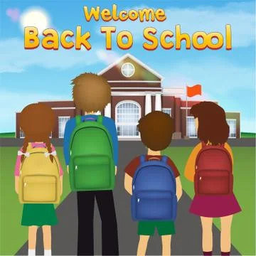 Back to school with student kid in front of school Stock Illustration