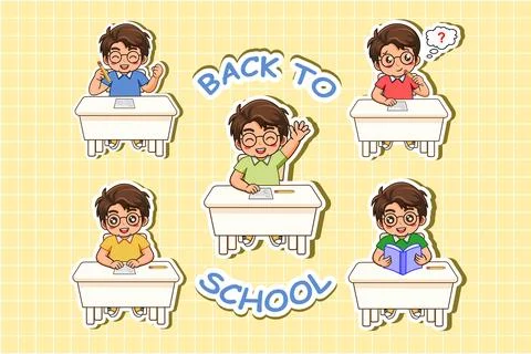 Back to School Student Sticker Set Cute Boy Studying at a Desk 스톡 일러스트