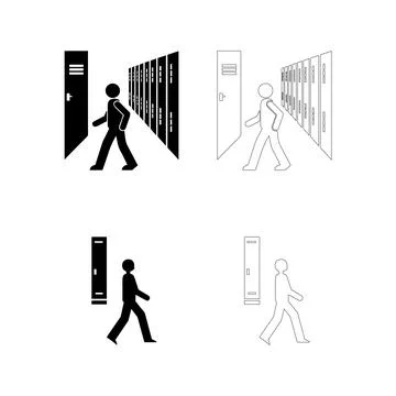 Back to School student walking in hallway with lockers vector icons filled .. Stock Illustration