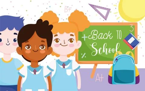 Back to school, students group chalkboard and backpack elementary education Illustrazione stock
