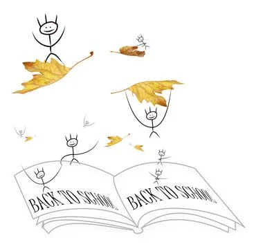 Back to school students pupils flying on autumn maple leaves falling on an op Stock Illustration