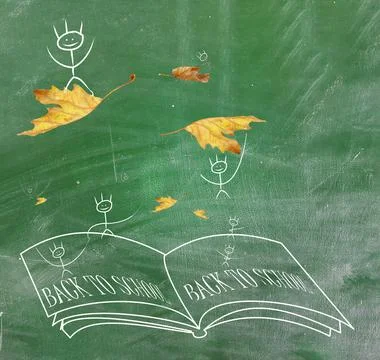 Back to school students pupils flying on autumn maple leaves falling on an op Illustrazione stock