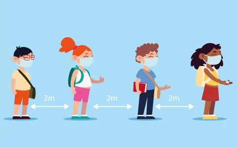 Back to school, students stand in queue, wearing face masks to protect and Stock Illustration