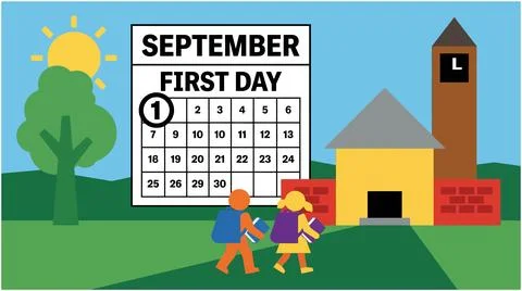 Back to School Students walking to school on the first day of september wit.. Stock Illustration