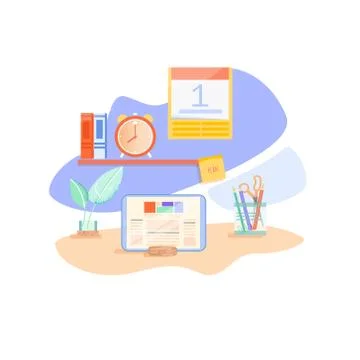 Back to school. student's workplace. shelf with books. school supplies Stock Illustration