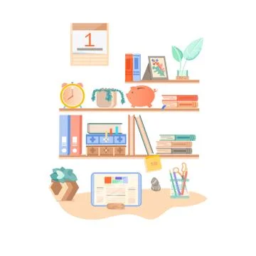Back to school. student's workplace. shelf with books. school supplies Stock Illustration