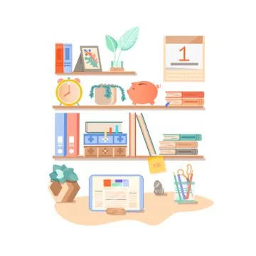 Back to school. student's workplace. shelf with books. school supplies Stock Illustration