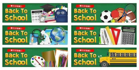 Back to school study object on chalkboard banner Stock Illustration