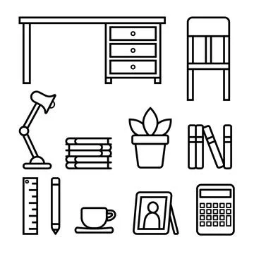 Back To School Study Object Outline Icon on White Background 스톡 일러스트