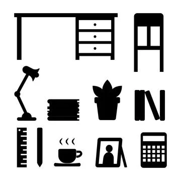 Back To School Study Object Silhouette Black and White Illustration Icon on.. Illustrazione stock