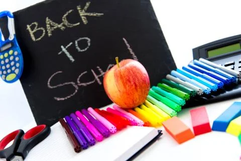 Back to school supplies and an apple for the teacher Foto stock