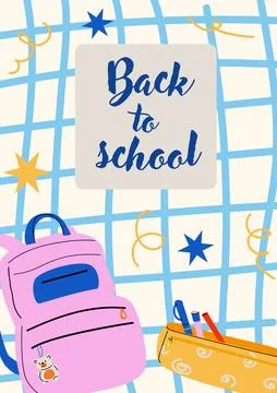 Back to school supplies: backpack and pencil case with decorative stars and Stock Illustration
