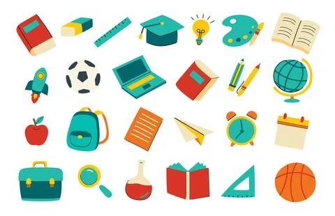 Back to school supplies with cute hand drawn stationery and study equipment. 库存插图