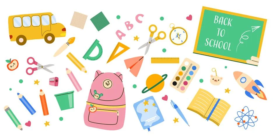 Back to School supplies, flat vector illustration isolated on white. Stock Illustration