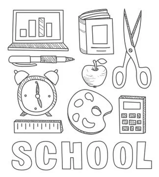 Back to School Supplies Sketchy Notebook Doodles with Lettering, Shooting Stars Illustrazione stock