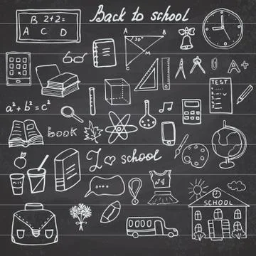 Back to School Supplies Sketchy Notebook Doodles set with Lettering, Hand-Dra Stock Illustration