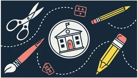 Back to school supplies vector graphic design illustration with school building  Stock Illustration